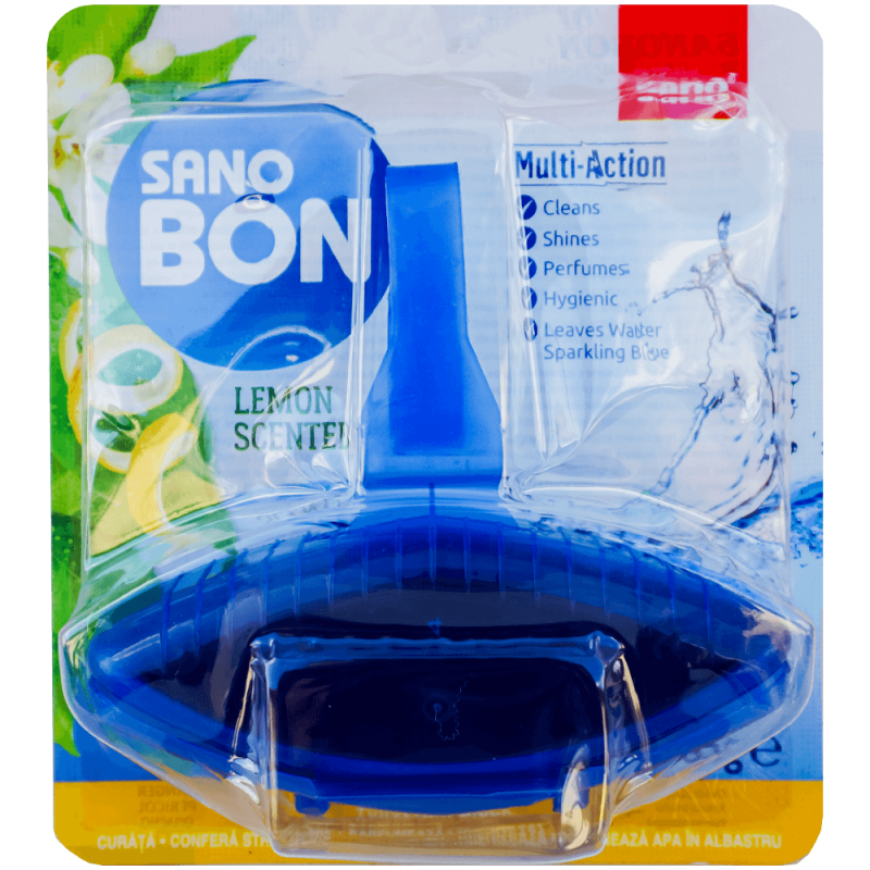 Odorizant solid pentru toaletă Sano Bon Blue Lemon Multi-Action, 5 în 1, 55 g
